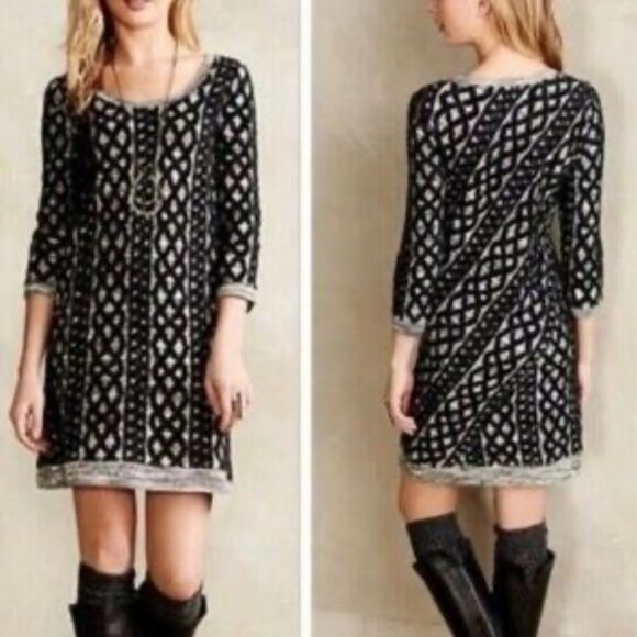 Moth Dresses & Skirts - MOTH Anthropologie Black Chain Stitch Pattern Sweater Dress Sz XS
